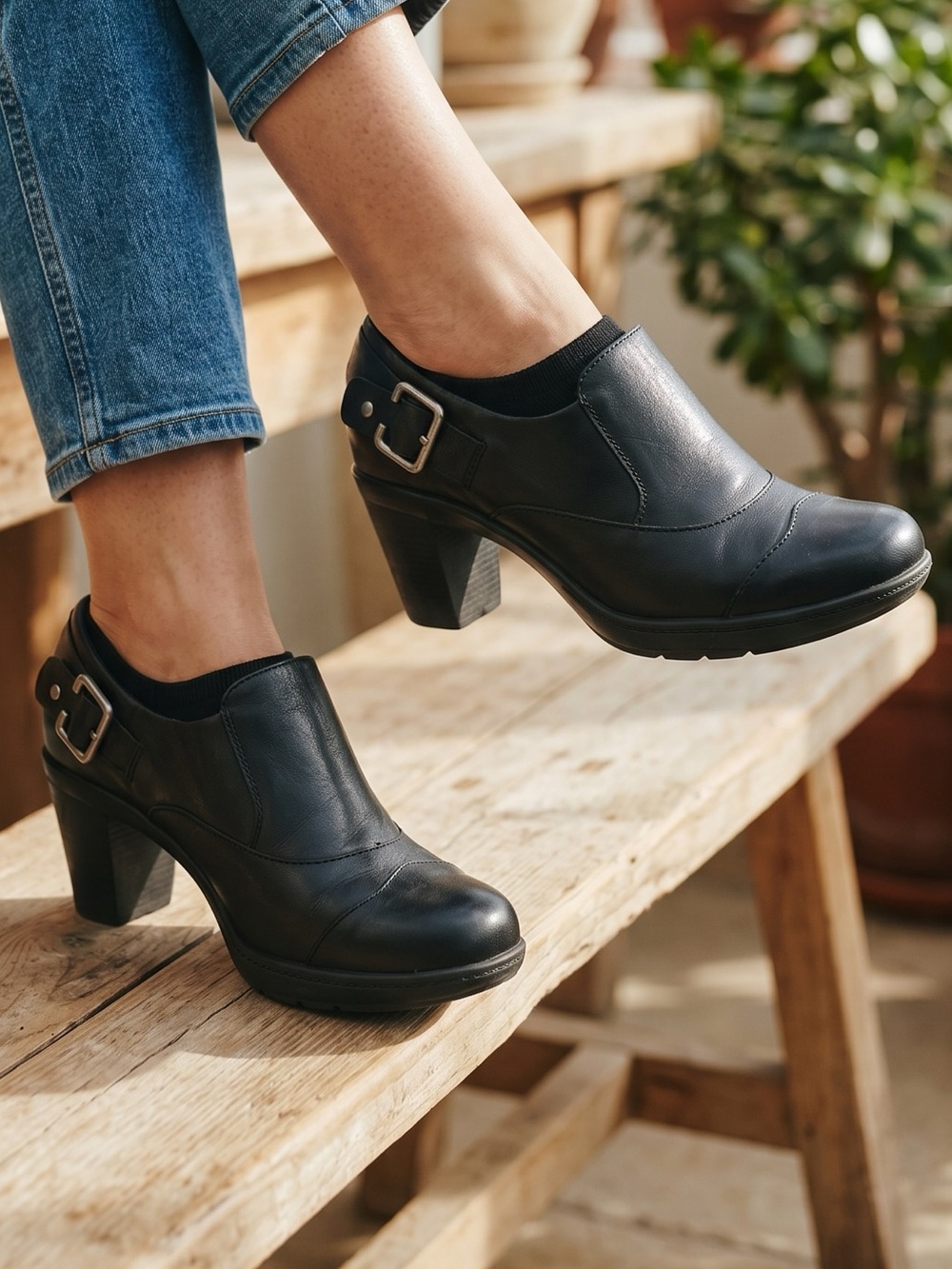 Clarks Black Leather Buckle Block-Heel Clog Booties